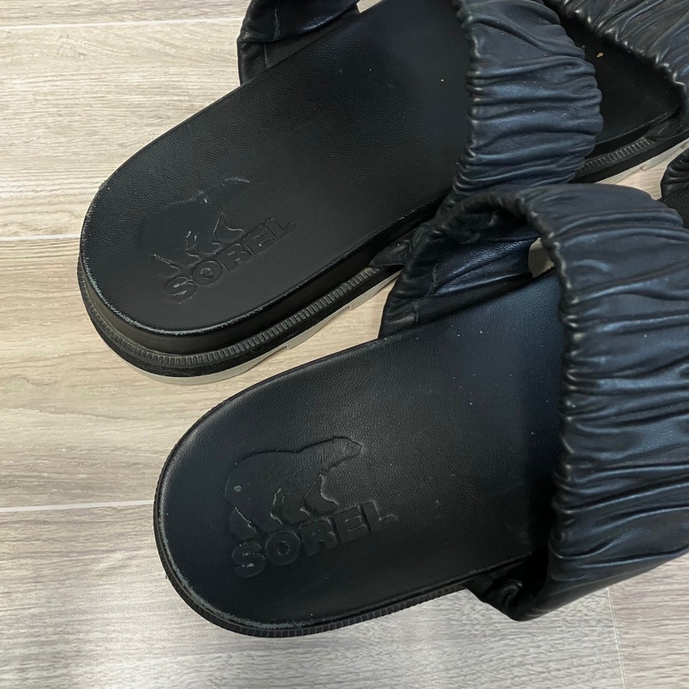 SOREL Roaming Ruched Slide Sandals Size 10 Leather Double Strap Vacation Black - Picture 6 of 11